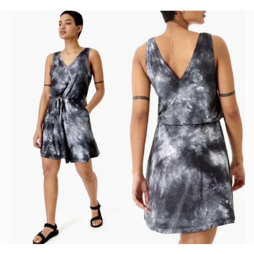Sweaty Betty Size L Take It Easy Tie Dye Dress Tank Drop Waist Shift Gray V-Neck